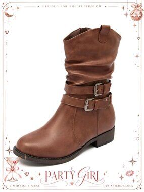 Women's Mid-Calf Boots Faux Leather Round Toe Low Heel Zipper Booties